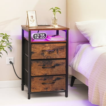 Yoobure Night Stand with Charging Station, 16 Colors LED Nightstand with USB Ports and Outlets, End Table with 3 Fabric Drawers and Storage Shelf, Bedside Tables Small Dresser for Small Space Brown