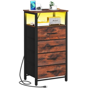 Furnulem Night Stand With Charging Station, Black Nightstand With Drawers And Led Light, Tall