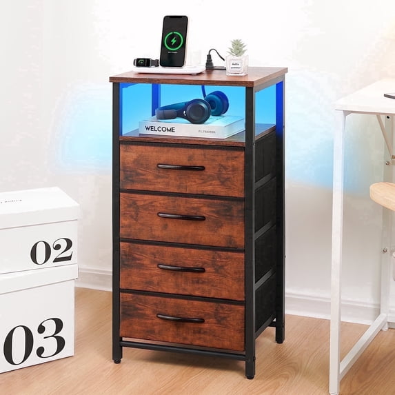 4 Drawer Nightstand with Charging Station, Bedside Table with LED and Storage Shelf, Small Dresser for Bedroom Living Room and Dorm, Brown