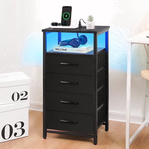 4 Drawer Nightstand with Charging Station, Bedside Table with LED and Storage Shelf, Small Dresser for Bedroom Living Room and Dorm, Black