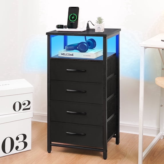 Night Stand with Charging Station, Led Nightstand with USB Ports and Outlets, End Table with 4 Fabric Drawers and Storage Shelf, Bedside Tables Small Dresser for Small Space and Dorm, Black