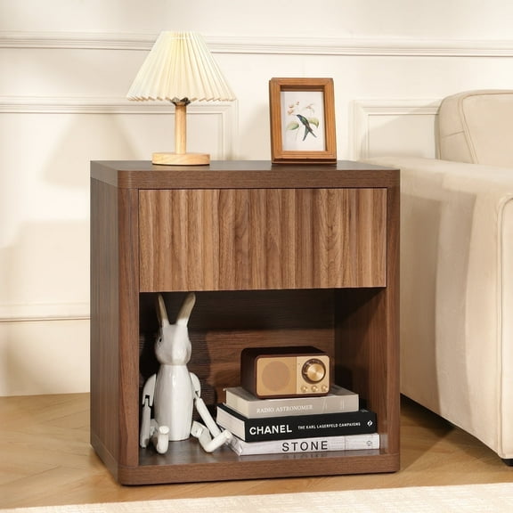 Fluted Nightstand with Drawer and Storage, Modern Farmhouse Side Table for Bedroom Living Room, Wood Bedside Table, Walnut Brown