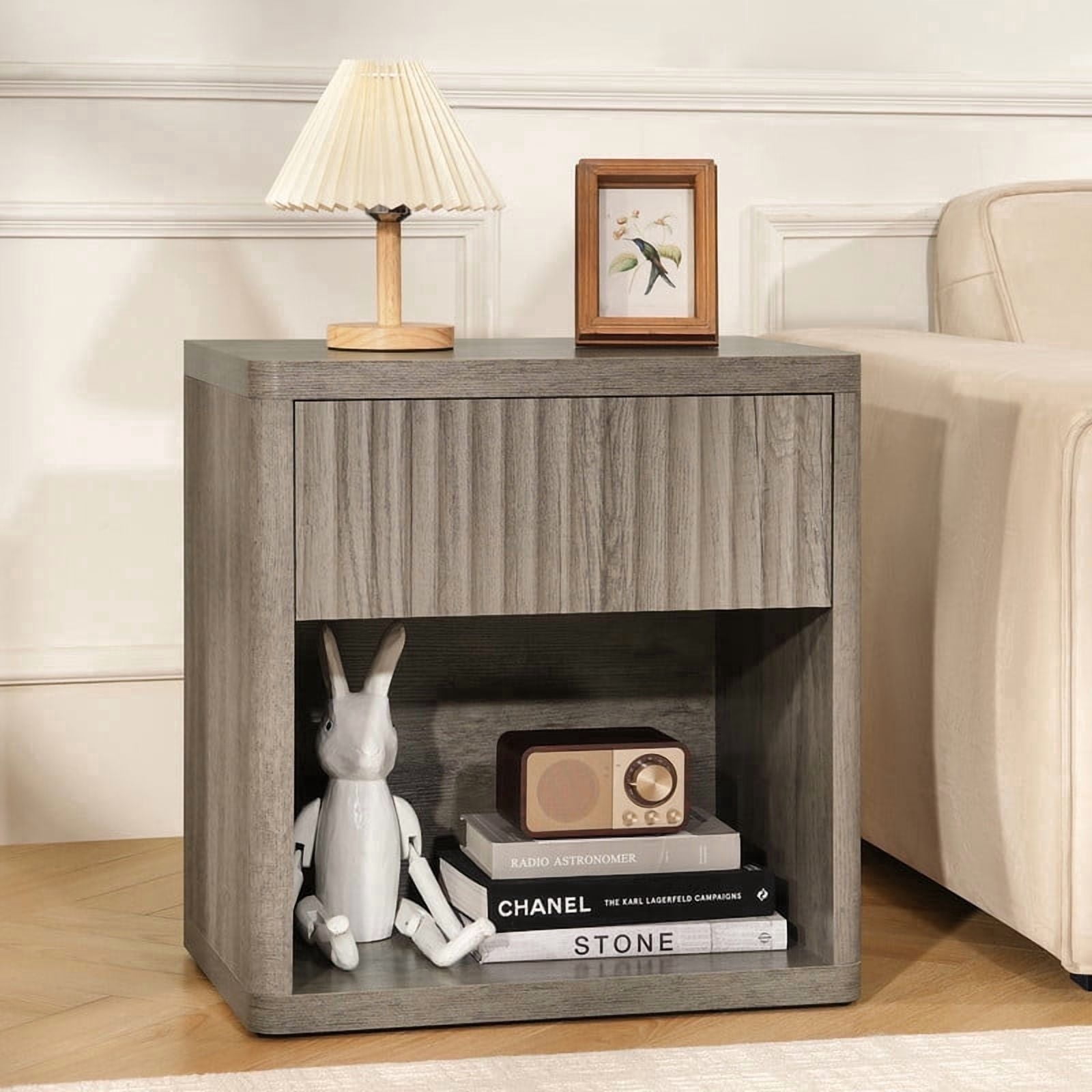 Fluted Nightstand with Drawer, Bedside Tables with Open Storage, Large Wood Night Stand for Bedroom Living Room, Grey