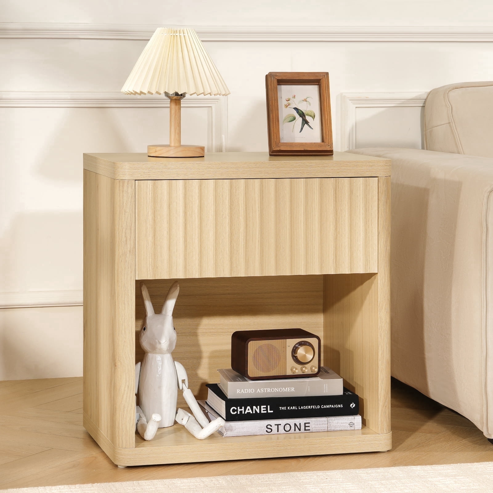 Fluted Nightstand with Drawer, Bedside Tables with Open Storage, Large Wood Night Stand for Bedroom Living Room, Natural