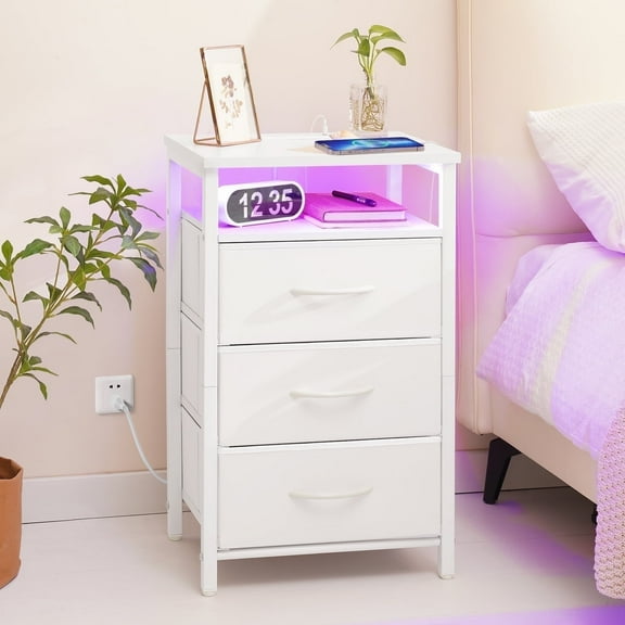 Night Stand with Charging Station, Nightstand with USB Ports & Outlets & LED, End Table with 3 Fabric Drawers and Storage Shelf, Bedside Tables Small Dresser for Small Space, White