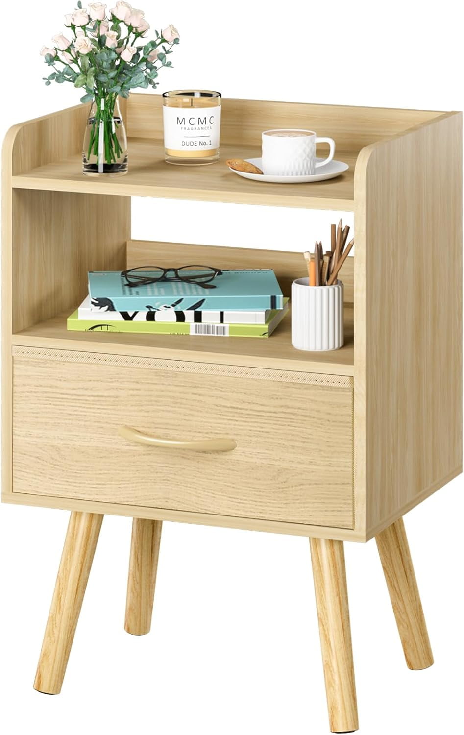 Natural Wood Mid-Century Modern Nightstand with Drawer and Shelf