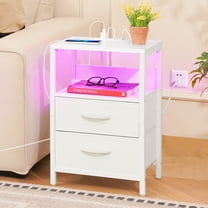 Yoobure Nightstand with Charging Station, LED Night Stand with Fabric Drawers and Storage Shelf for Bedroom, Small Nightstands Bedside Tables with USB Ports & Outlets,White