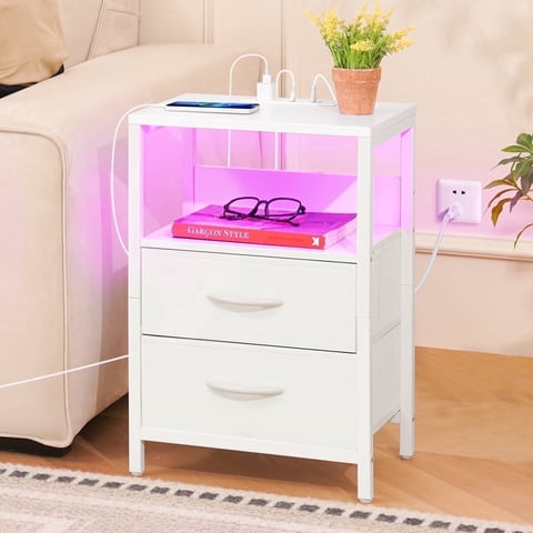 Nightstand with Charging Station, Small Night Stand Fabric Drawers and Storage Shelf for Bedrooms, Nightstands Spaces, Bedside Table USB Ports & Outlets, White