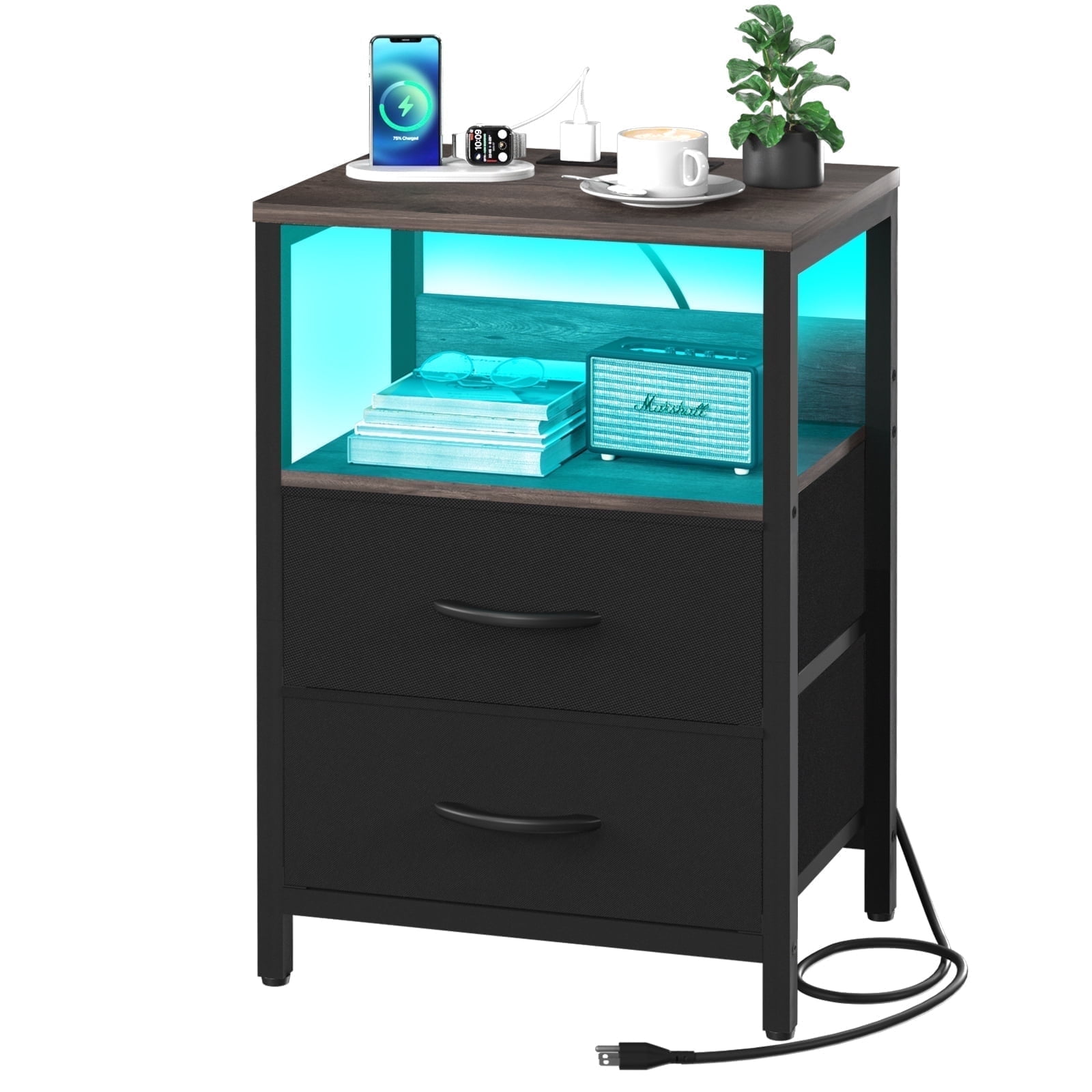Gray LED Nightstand with Charging Station and Fabric Drawers