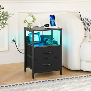 Yoobure Nightstand with Charging Station, LED Night Stand with Fabric Drawers and Storage Shelf for Bedroom, Small Nightstands Bedside Tables with USB Ports & Outlets
