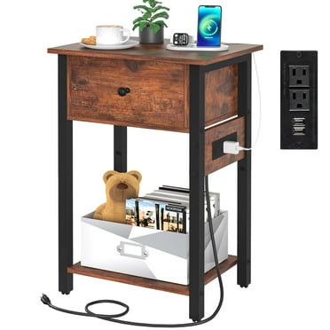 Yoobure Nightstand with Charging Station, Side Table End Table with Large Drawer and Storage Shelf,Rustic Bedside Tables with USB Ports & Outlets for Bedroom, Living Room