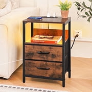 Nightstand with Charging Station, Small Night Stand Fabric Drawers and Storage Shelf for Bedrooms, Nightstands Spaces, Bedside Table USB Ports & Outlets, Brown