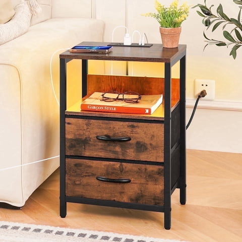 Nightstand with Charging Station, Small Night Stand Fabric Drawers and Storage Shelf for Bedrooms, Nightstands Spaces, Bedside Table USB Ports & Outlets, Brown