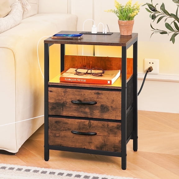 Nightstand with Charging Station, Small Night Stand Fabric Drawers and Storage Shelf for Bedrooms, Nightstands Spaces, Bedside Table USB Ports & Outlets, Brown