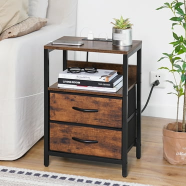 Yoobure Nightstand with Charging Station, Small Night Stand Fabric Drawers and Storage Shelf for Bedrooms, Nightstands Spaces, Bedside Table USB Ports & Outlets, Rustic Brown