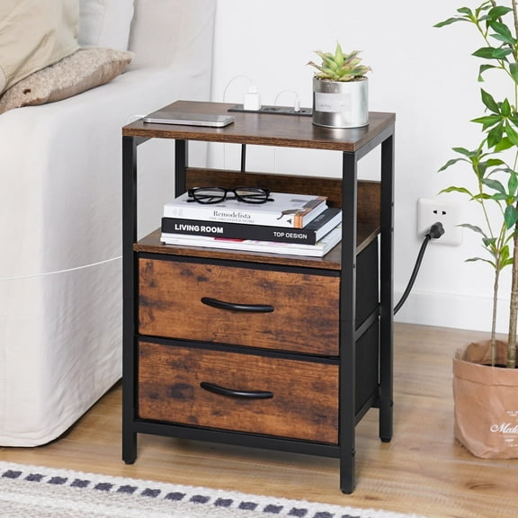 Nightstand with Charging Station, Small Night Stand Fabric Drawers and Storage Shelf for Bedrooms, Nightstands Spaces, Bedside Table USB Ports & Outlets, Rustic Brown
