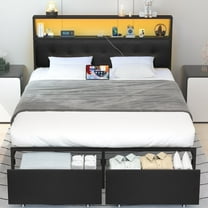 Yoobure Queen Bed Frame with Headboard, Metal Platform Bed Frame Queen Size, Heavy Duty Bed Frames with 2 Storage Drawers, Bedframe with Charging Station & LED, Black