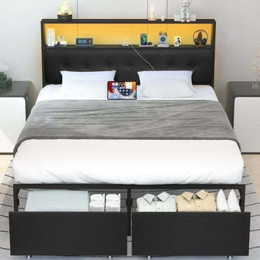 Yoobure Queen Bed Frame with Headboard, Metal Platform Bed Frame Queen Size, Heavy Duty Bed Frames with 2 Storage Drawers, Bedframe with Charging Station & LED, Black