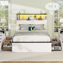 Full Size Bed Frame with Headboard, Farmhouse Wood Full Bed Frame with 4 Storage Drawers, Platform Beds with Charging Station & LED Light,White