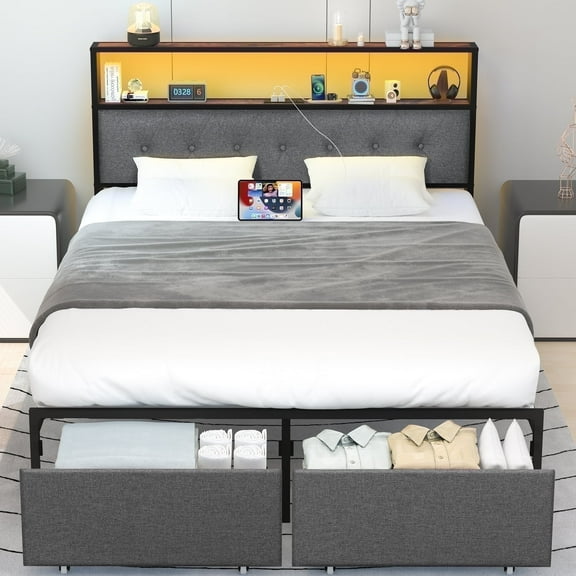 Queen Size Bed Frame with 2 Drawers & Charging Station, LED Metal Platform Bed with Storage Headboard, Gray