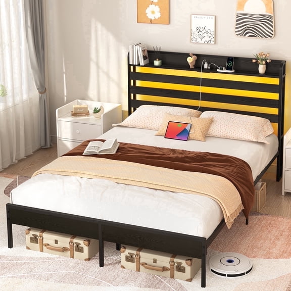 Yoobure Queen Bed Frame with Storage Headboard, Metal Platform Bed Frame with Charging Station and LED Lights, No Box Spring Needed, Black
