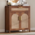 thumbnail image 1 of Sideboard Buffet Cabinet with Rattan Doors, Kitchen Storage Cabinet with Drawers and Adjustable Shelves for Dining Living Room, Walnut, 1 of 9