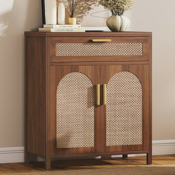 Sideboard Buffet Cabinet with Rattan Doors, Accent Storage Cabinet with Drawers and Shelves, Wood Coffee Bar for Kitchen Dining Living Room,Walnut