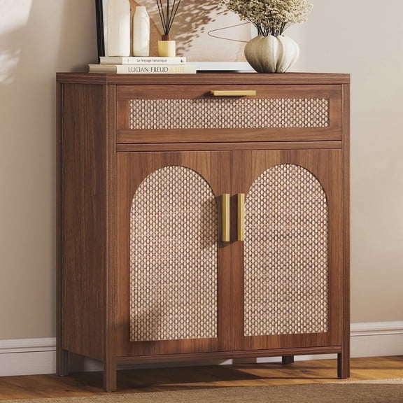 Rattan Sideboard Cabinet with Storage,Buffet Cabinet with Drawers and Shelves,Accent Storage Cabinet for Kitchen Dining Living Room,Walnut
