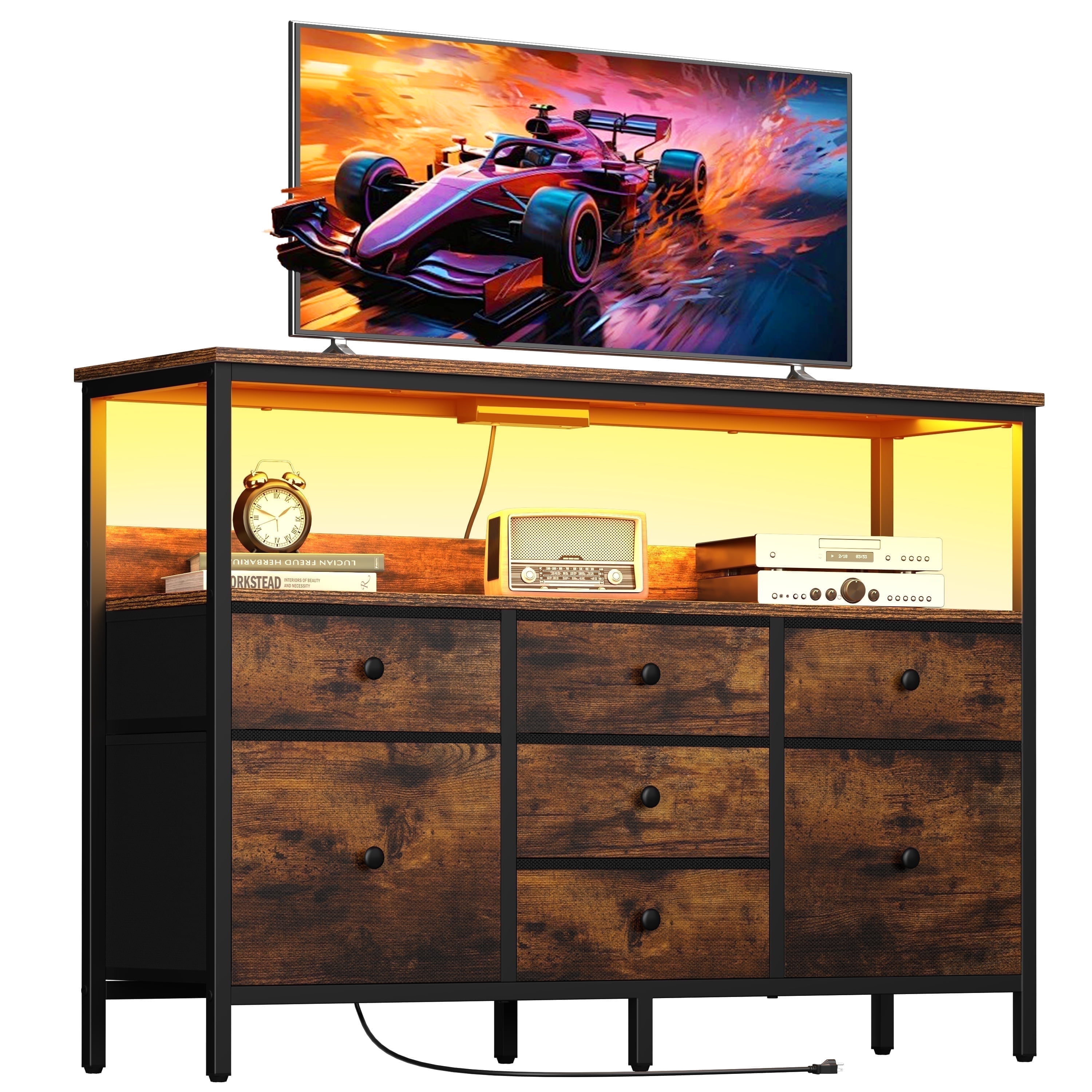 7 Drawer Fabric Dresser Storage Chest with Wood Top, Wide Dresser TV Stand for Bedroom,Living Room, Hallway, Entryway, Brown