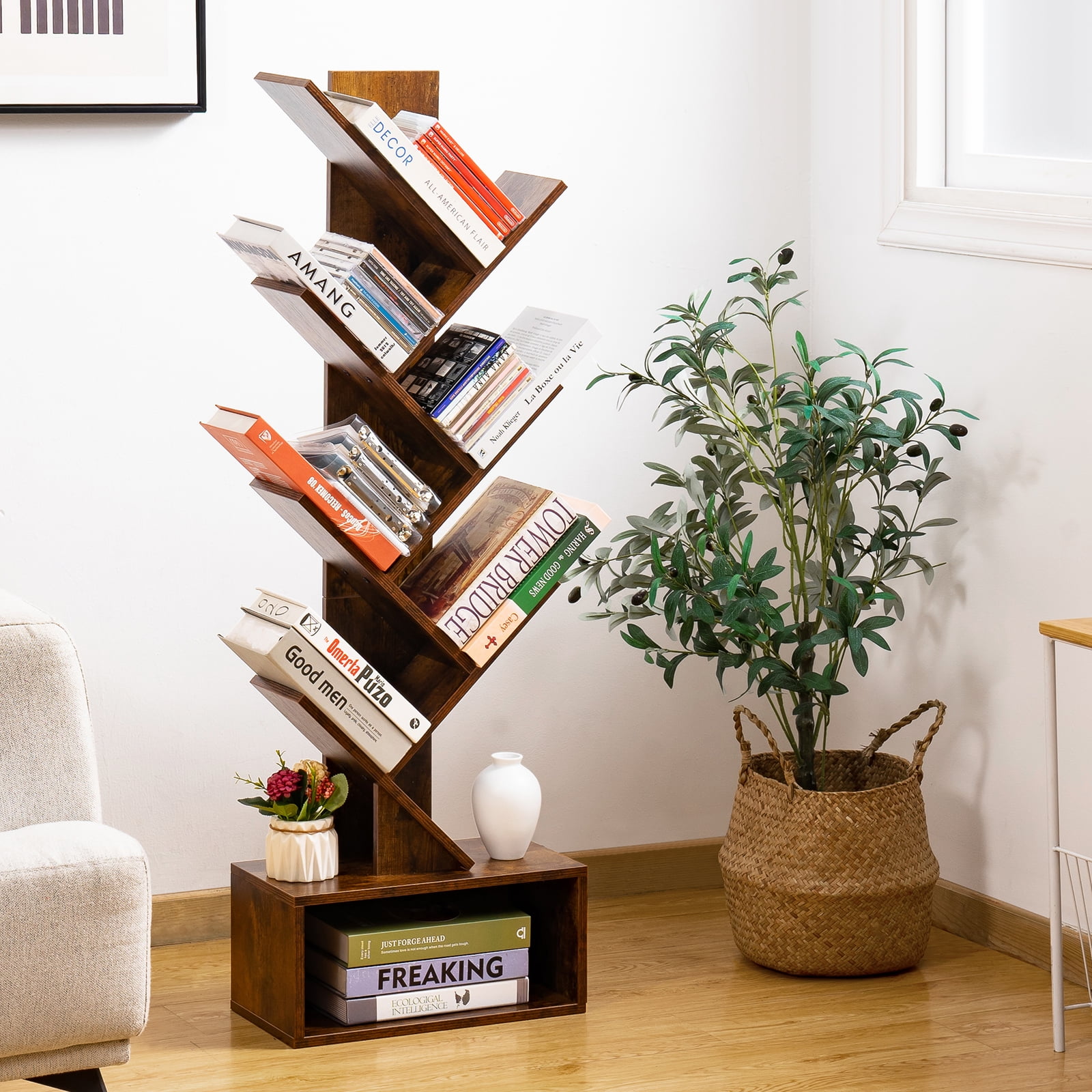 Yoobure Tree Bookshelf 6 Shelf Retro Floor Standing Bookcase, Tall Wood Book Storage Rack for