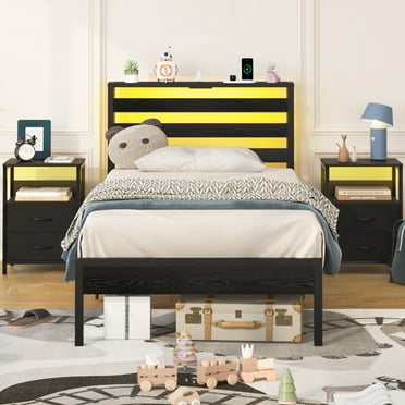 Yoobure Twin Bed Frame with LED and Charging Station, Wood Platform Bedframe with Headboard, Black