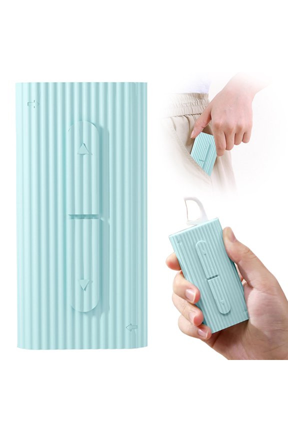 Light Blue Portable Dental Floss Holder Next to Laptop for Business Travel, Practical Oral Care Companion with Automatic Cleaning and Reusable Box