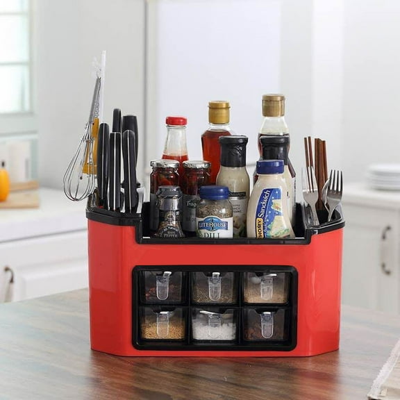 Yooci Multifunctional Mobile Kitchen Spice Rack, Red Countertop Storage Organizer