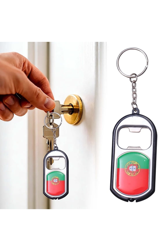 Portugal Flag Beer Opener Keychain with LED Light Multiuse Bottle Lifter for Sports Fans Bar Gathering Kitchen Decor Practical Souvenir Gift