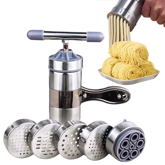 Yooci Stainless Steel Manual Pasta Maker on Kitchen Countertop, Versatile Home Kitchen Tool for Making Noodles and Squeezing Fresh Juice with 5 Noodle Molds