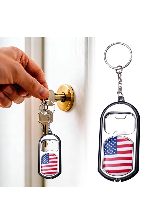 USA Flag Beer Opener Keychain with LED Light Multiuse Bottle Lifter for Sports Fans Bar Gathering Kitchen Decor Practical Souvenir Gift