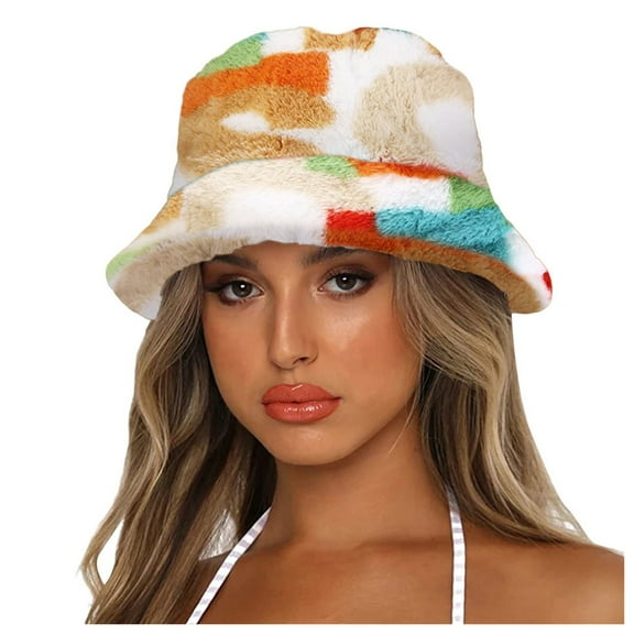 Yoodem Bucket Hat Cap Warm for Women Bucket Basin Hat Thick Hat Printed Men Winter Bucket Baseball Caps Beige One Size