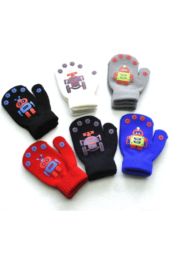 Gloves Warm Cute Patchwork Winter Print Knitted Children Robot Gloves Sky Blue One Size