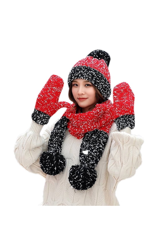 Hat 3pcs Women Winter Warm Multicolor Knitted Venonat Beanie Hat+scarf+gloves Set Red One Size