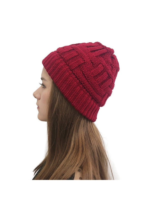 Hat Women Casual Solid Stitching Outdoor Plush Hats Crochet Knit Beanie Cap Red One Size