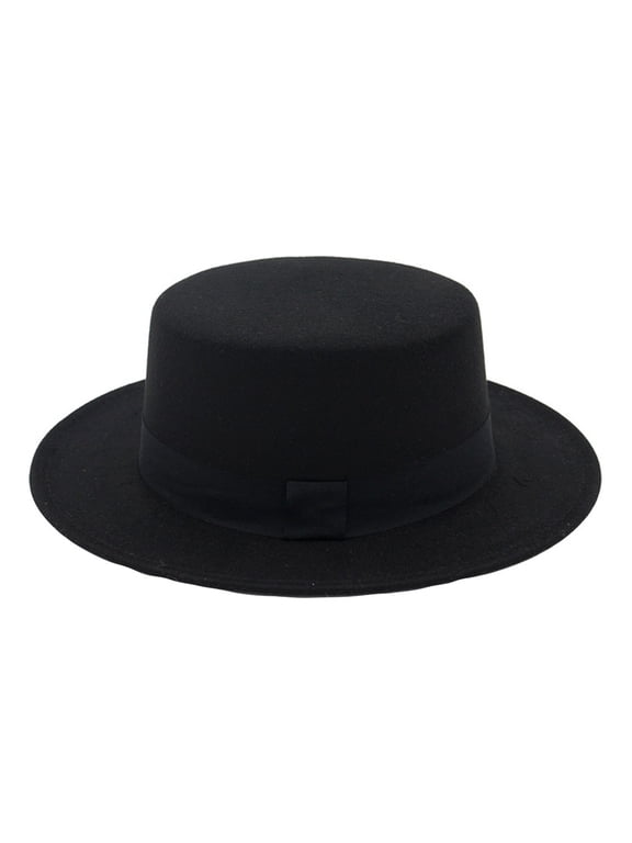 Hat Womens Wide Brim Wool Flat Top Fedora Hat Party Church Hats Cap Black One Size