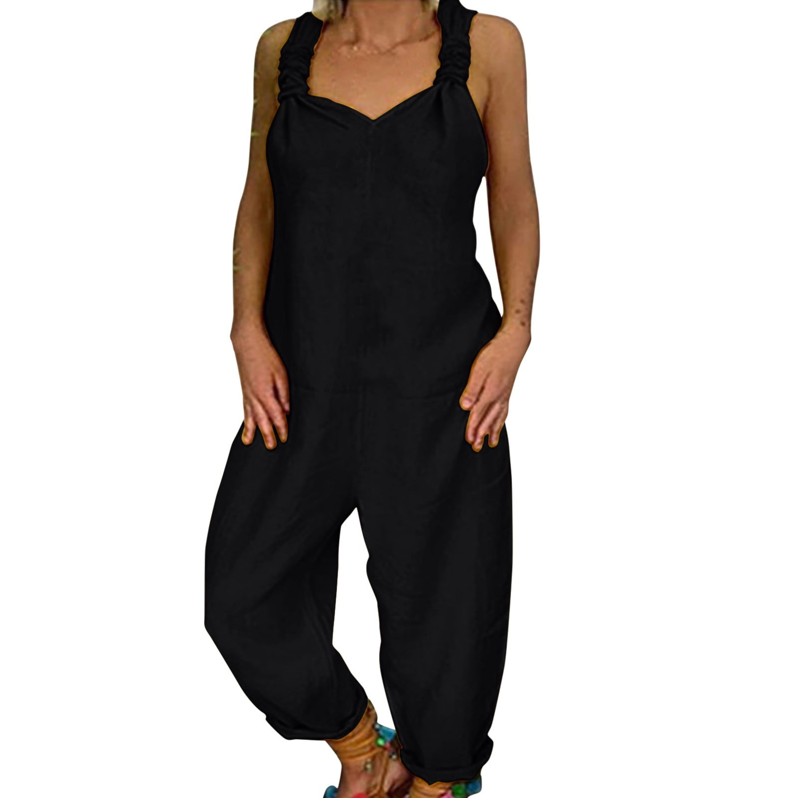 Yoodem Jumpsuits for Women Dressy Jumpsuit with Tummy Control Womens Summer Casual Wide Leg Jumpsuit Sleeveless V Neck Jumpsuit Loose Comfy Beach Jumpsuit Jumpsuits for Women Casual Black L