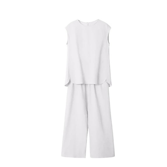 Yoodem Lounge Sets for Women Sweatpants Women Casual Summer Solid Color 2 Piece Suit Crew Neck Vest Basic Wide Leg Pants Shirts for Women Dark Blue M