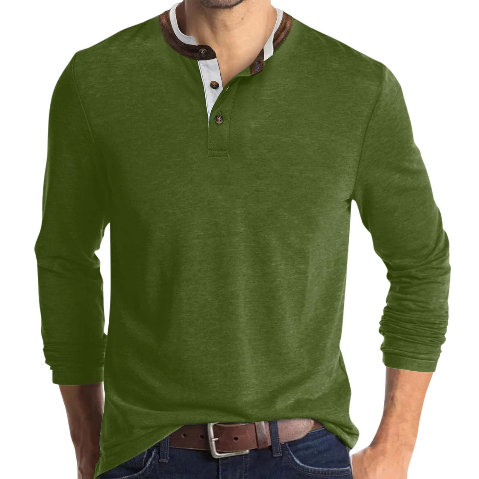 Yoodem Men's T-shirts Mens Shirts Male Summer Casual Solid Button Collar T Shirt Long Sleeve Stand Collar Tops T Shirt for Male Shirts for Men Green XXL