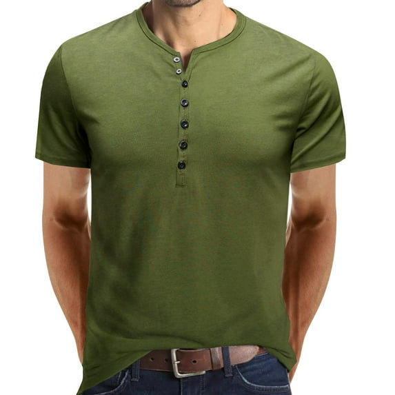 Yoodem Mens Shirts Men's T-shirts Bottoming Solid Top and Neck Color Shirt Summer Blouse Round Men's Short-sleeved Button Spring Men's Blouse Shirts for Men Green S