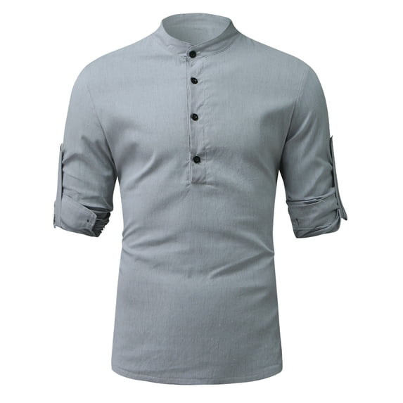 Yoodem Mens Shirts Men's T-shirts Men's Casual Solid Color Top Shirt Stand Collar Blouse Roll Up Sleeve Long Sleeve Fashion Top T Shirt Shirts for Men Gray 5XL