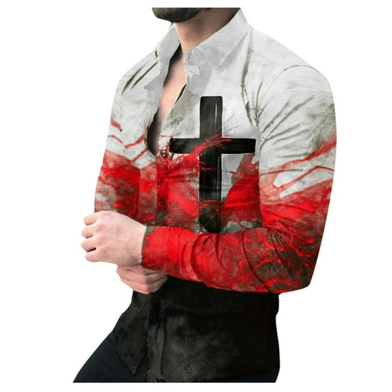Yoodem Mens Shirts Men's T-shirts Men's Comfortable Soft Top Shirt Stand-up Collar Printed Casual Plus Size Long-sleeved Shirt Fashion Button Top Shirt Shirts for Men Red 3XL