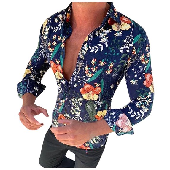 Yoodem Mens Shirts Men's T-shirts Men's Causal Long Sleeve Flower Printed Shirt Fit Slim Blouse Top Shirts for Men Navy L