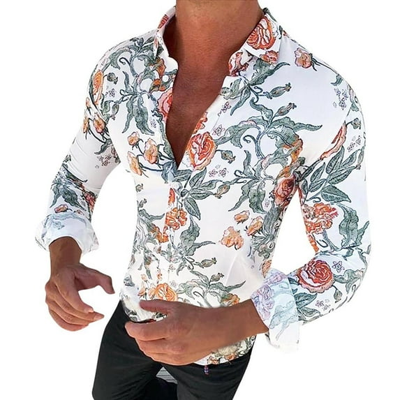 Yoodem Mens Shirts Men's T-shirts Men's Causal Long Sleeve Flower Printed Shirt Fit Slim Blouse Top Shirts for Men White 3XL