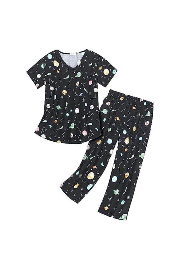 Pajamas for Women Pj Sets for Woman Summer Round Neck Suit Pajamas Short Sleeve Long Pants Pajama Set Ladies Pajamas Sets Lounge Sets for Women Z Black S
